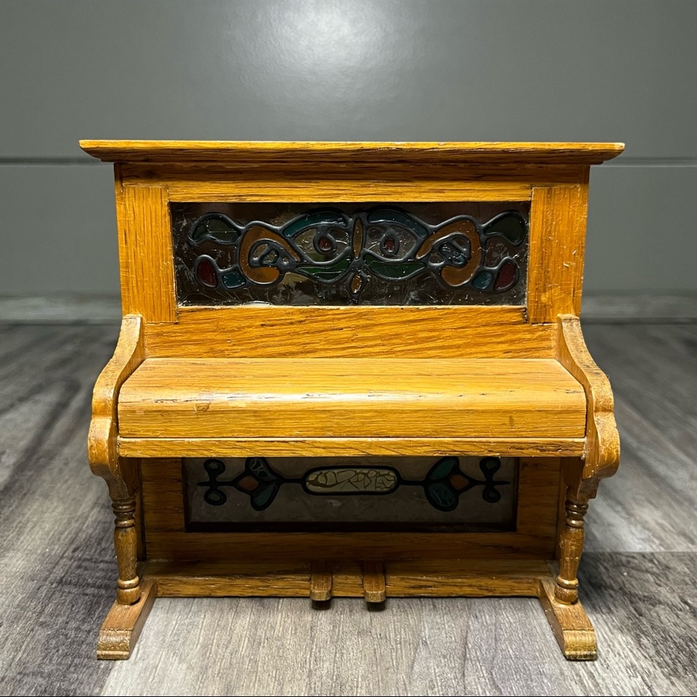 Vintage Wooden Stained Glass Piano Music Box